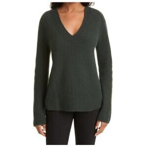 Vince V-Neck Shaker Green Ribbed Wool & Cashmere Sweater XS